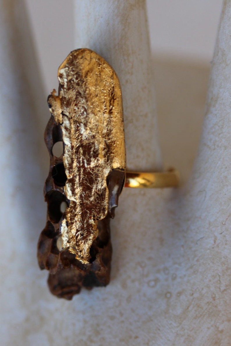 Oro di Mare ring no 225 driftwood brown golden unique gold gilded OOAK handmade art designer wood jewelry