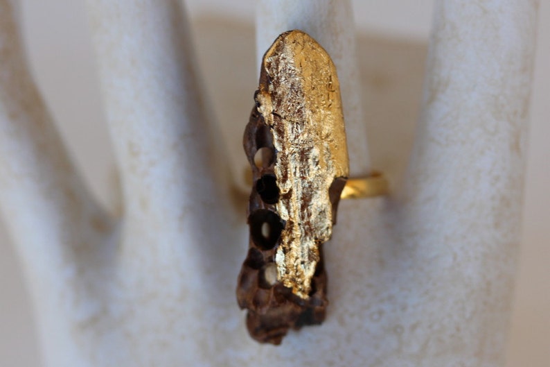 Oro di Mare ring no 225 driftwood brown golden unique gold gilded OOAK handmade art designer wood jewelry