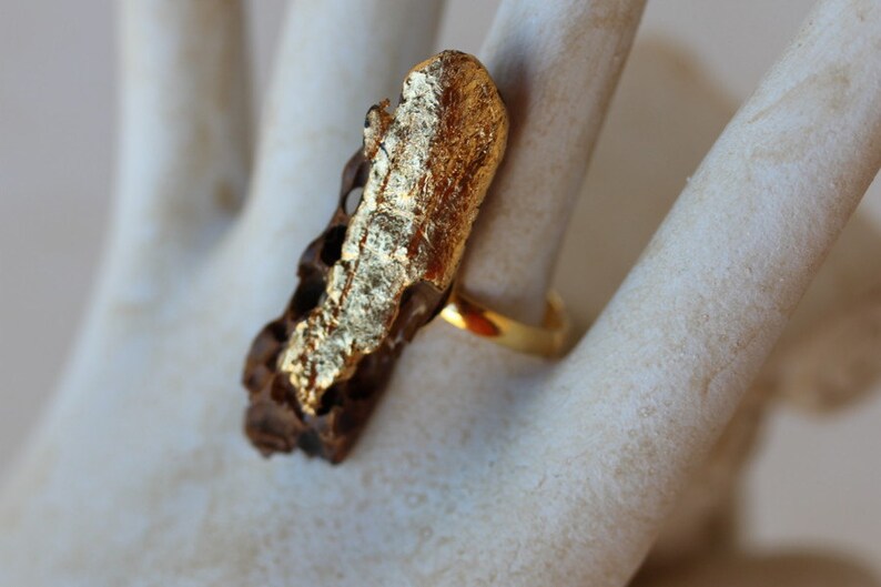 Oro di Mare ring no 225 driftwood brown golden unique gold gilded OOAK handmade art designer wood jewelry