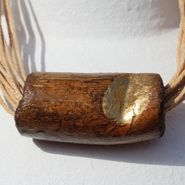 Halskette "Oro di Mare" Treibholz braun golden Blattmetall vergoldet einzigartig Unikat Designer Schmuck Holz Kunst