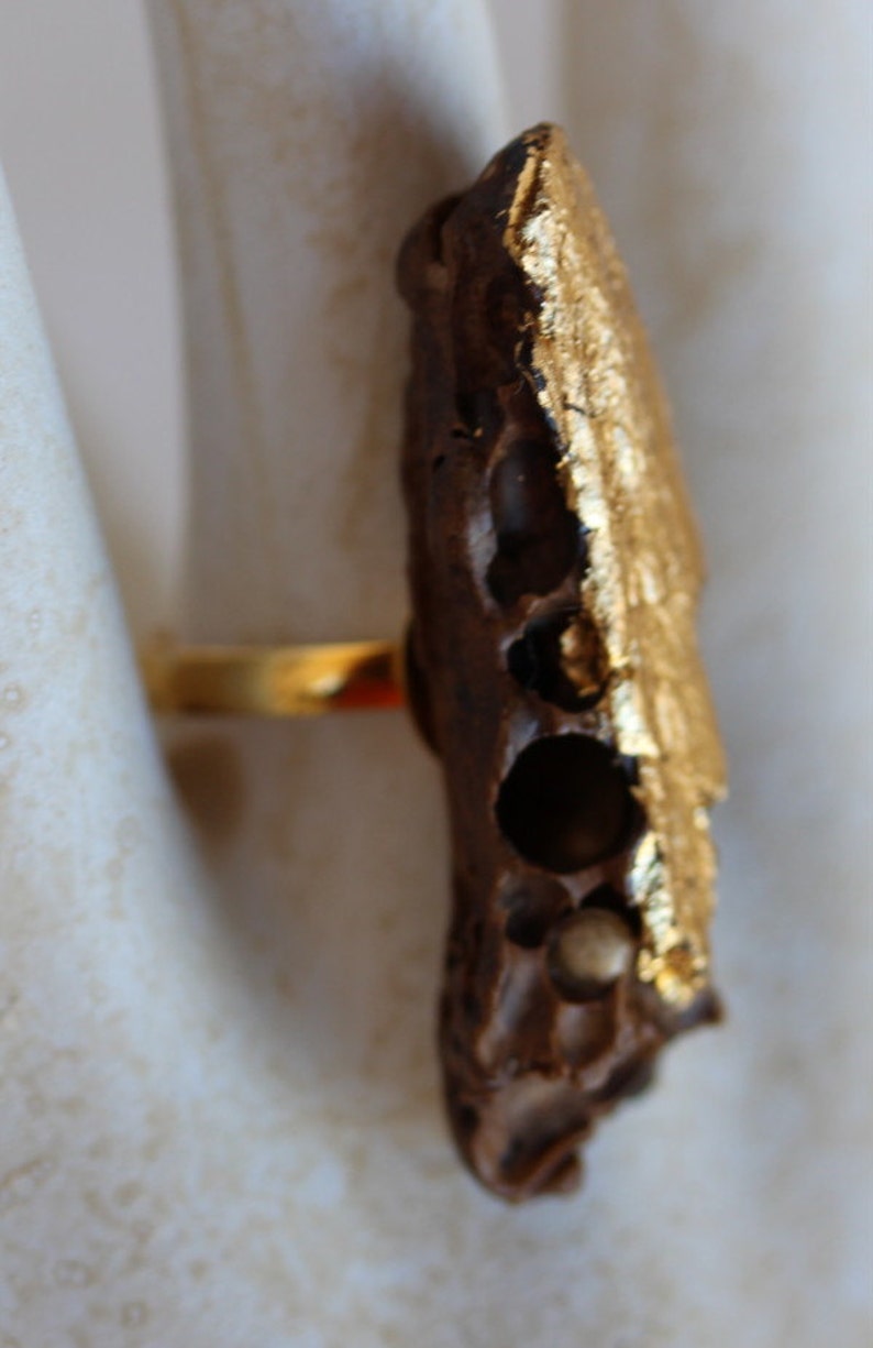 Oro di Mare ring no 225 driftwood brown golden unique gold gilded OOAK handmade art designer wood jewelry