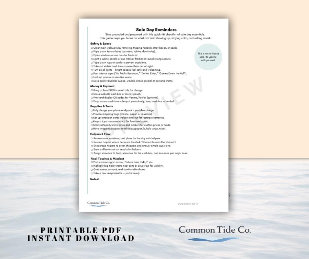 Estate Sale Day Checklist Printable Sale Day Reminders for Home