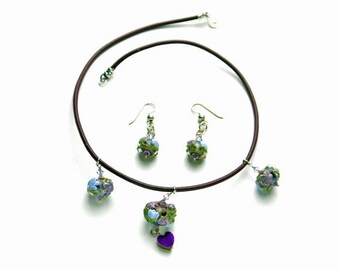 Set: Earrings and Leather Necklace with Handmade Lampwork, Quartz Hearts, Swarovski Crystal, and Sterling Silver