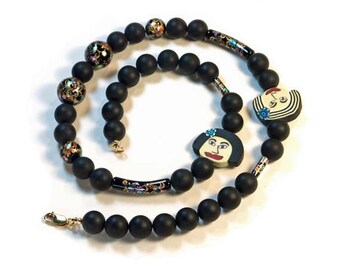 Frosted Onyx and Tensha Beads Necklace with "Buba" Face