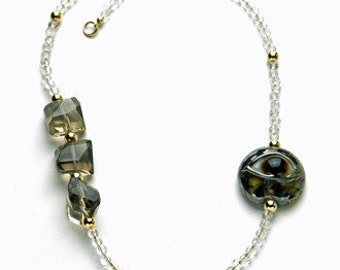 Crystal and Smoke Quartz Necklace with Lampwork Eye and 14K Gold-Filled Beads