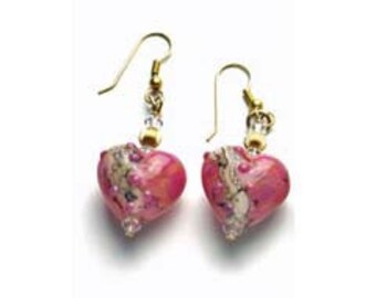 14K Gold-Filled Rose Heart-Shaped Lampwork Earrings with Swarovski Crystals