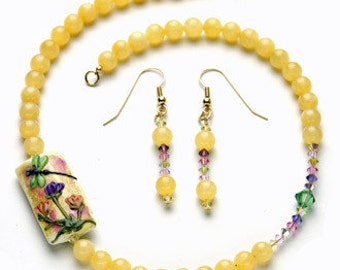 Set: Necklace and Earrings with Yellow Jade Handmade Lampwork and Swarovski Crystals