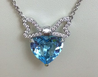 14K White Gold Necklace with Blue Topaz and Diamonds