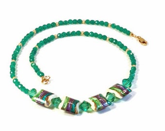 Green Agate Necklace with Handmade Lampwork, 14k Gold-Filled Beads, and Swarovski Crystals
