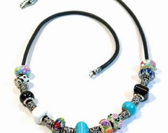 Black Leather, Turquoise and White/Black Agate Beaded Necklace