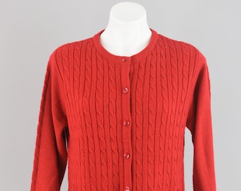 90s Red Cardigan, Vintage Cable Knit Granny Sweater with Pockets, Women's Small