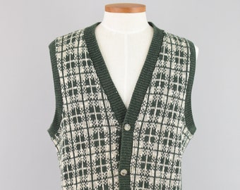 Vintage 90s Sweater Vest, Green Woven Plaid Cotton Grandpa Cardigan, Men's Large