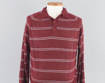 80s Long Sleeve Collared Shirt, Puritan Red Striped Polo, Made in USA, Men's Extra Large