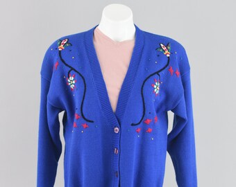 Vintage Blue Floral Cardigan, 80s Embroidered Floral Knitwear, Women's Medium