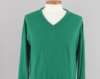 L.L. Bean Green Sweater, Vintage 70s V-neck Long Sleeve Knit, Men's Extra Large