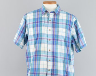 80s Plaid Short Sleeve Shirt, Vintage Blue Button Down, Arrow Sport, Men's Extra Large