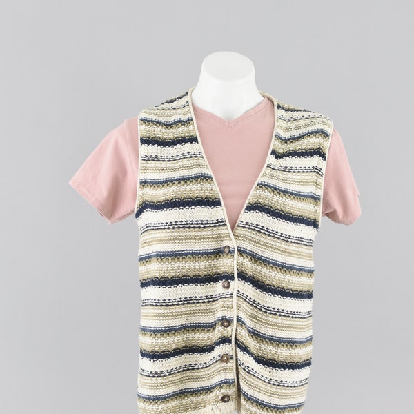 90s Woven Sweater Vest, Cream & Blue Striped Knitwear, Vintage Woolrich Rugged Outdoor Wear, Women's Small