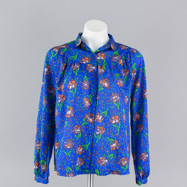 70s Floral Collared Blouse, Blue Polyester Knit Long Sleeve, Secretary Button Down Top, Women's Medium