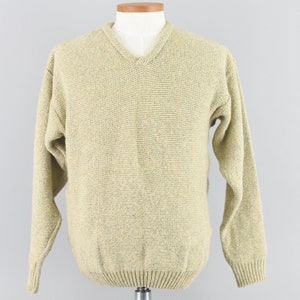 90s V-neck Sweater, Vintage Gray & Yellow Wool Blend Winter Pullover, Men&#39;s Medium