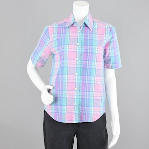80s Pastel Plaid Short Sleeve Shirt, Button Down Collared Blouse, Koret Women's Petite Small
