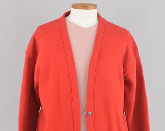 Vintage Russell Athletic Sweatshirt, Red Solid Blank Oversized Fleece Lined Cardigan, Men's Large