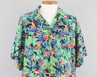 Vintage Hawaiian Camp Shirt, Toucan Novelty Print Button Down, Men's 2X-Large