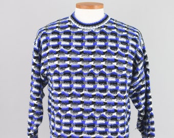 Vintage Woven Textured Sweater, Black and Blue Chunky Knit Crewneck, Men's Medium