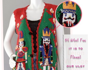 Ugly Christmas Sweater Vintage, Ugly Christmas Jumper, 80s Oversized Cardigan Sweater Vest, Sleeveless Embellished Cardigan, Women's Medium