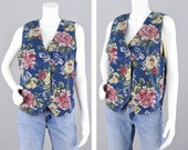 Vintage 90s Jean Vest, Blue Pink Large Floral Print Button Down V-neck Denim Vest, Women 39 s Medium