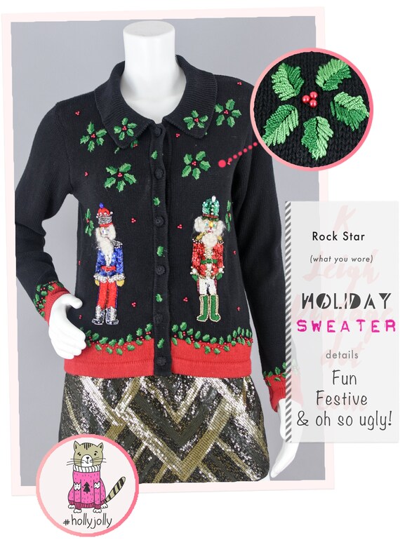 Ugly Christmas Cardigan Vintage, 90s Black Knit Button Down, Chunky Embroidered Sequins Sweater, Women's Petite PP Ugly Christmas Cardigan Vintage, 90s Black Knit Button Down, Chunky Embroidered Sequins Sweater, Women's Petite PP