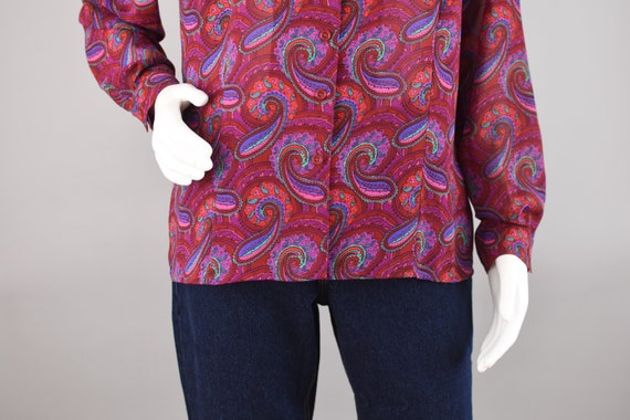 80s Paisley Print Semi Sheer Blouse, Magenta Pink… - image 3