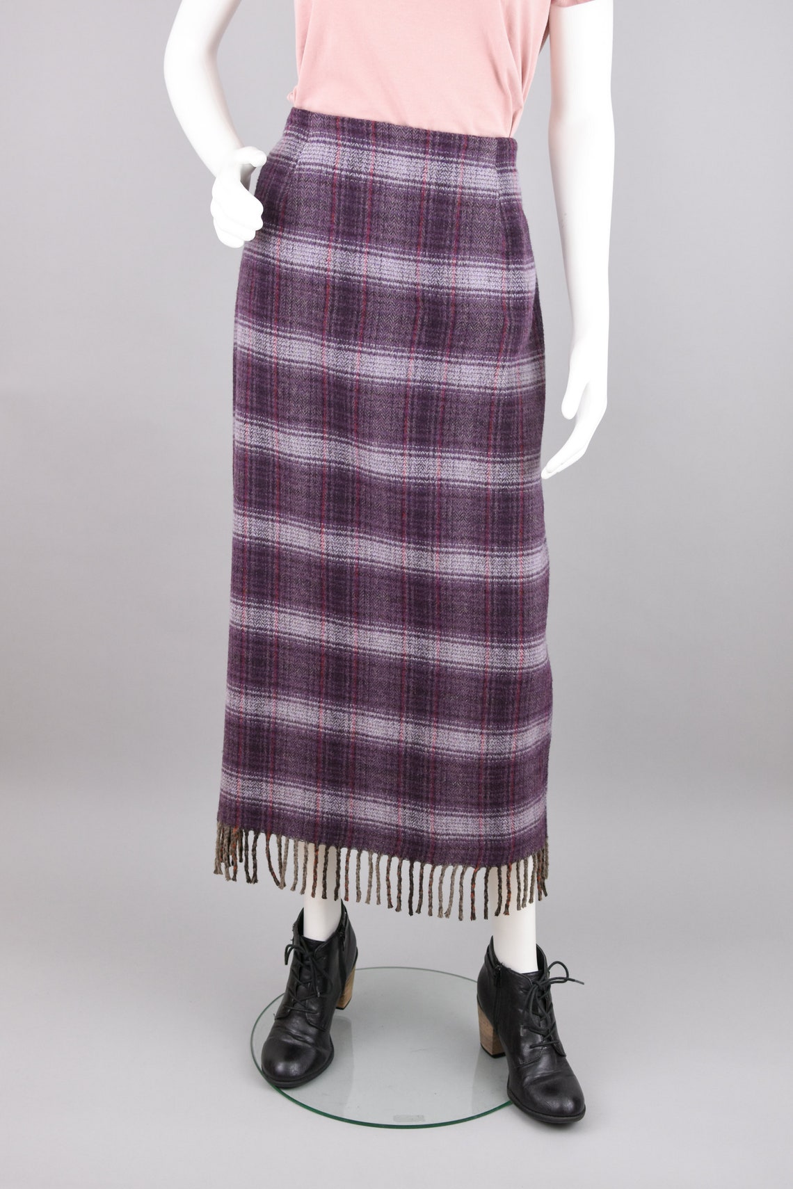 Vintage 90s Blanket Skirt with Fringe Purple & Gray Plaid Etsy