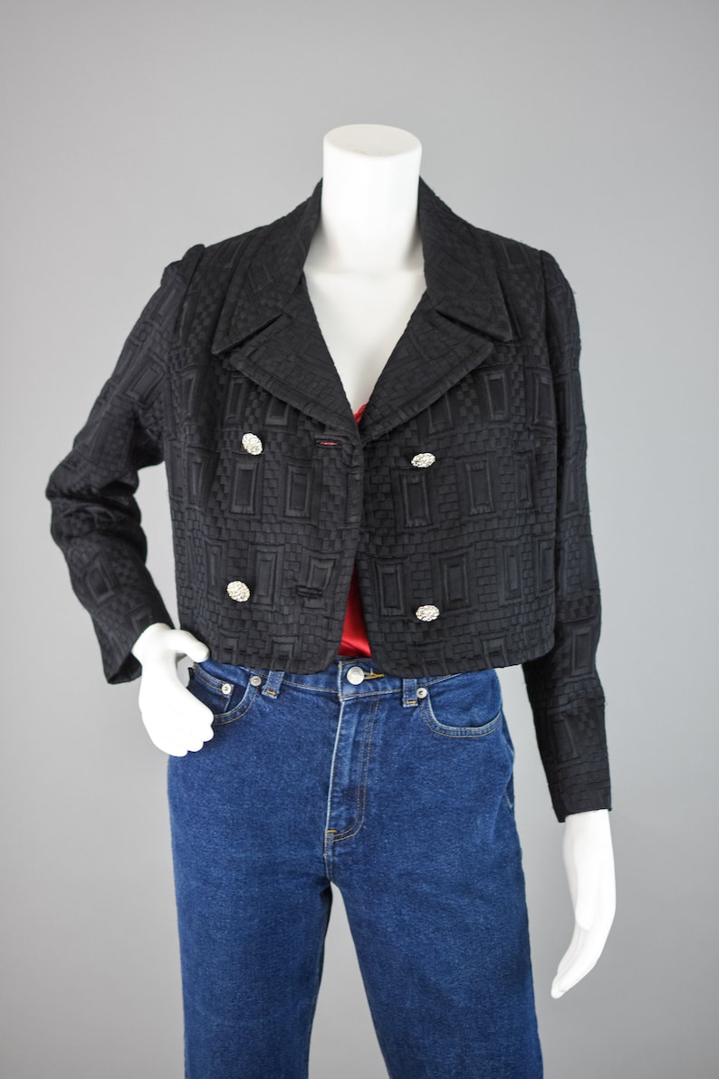 Mid Century Bonwit Teller Suit Separates Crop Blazer Geo Square Print Textured Jacket 60s Black Blazer Vintage 40 Bust