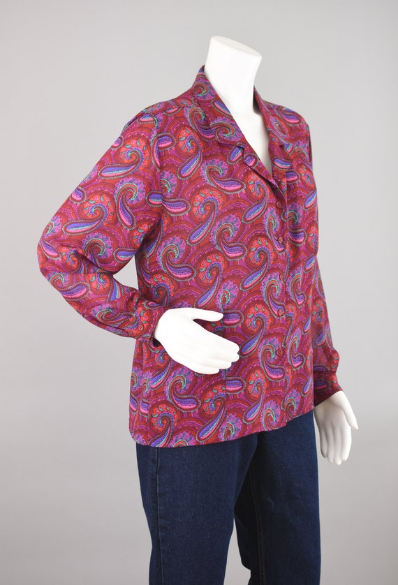 80s Paisley Print Semi Sheer Blouse, Magenta Pink… - image 6