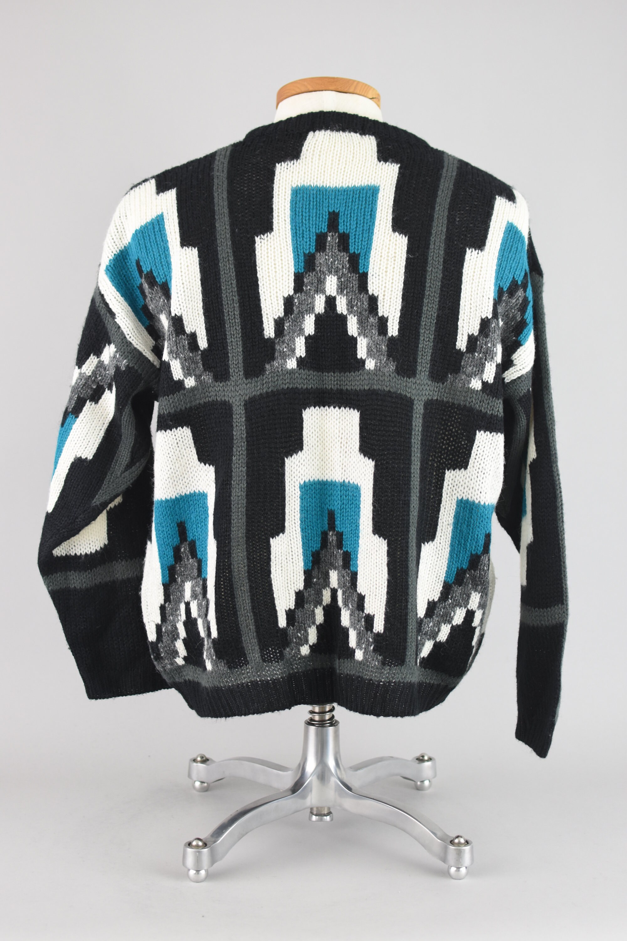 80s Chunky Knit Sweater, Black & Teal Geometric Crewneck