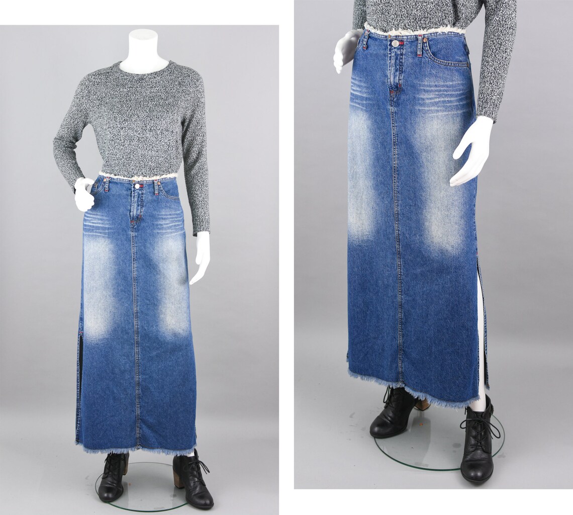 Long Jean Skirt Low Rise Distressed Denim Raw Hem Maxi with Etsy