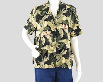 Vintage 90s Dark Tropical Silky Polyester Blouse Women's Petite Medium