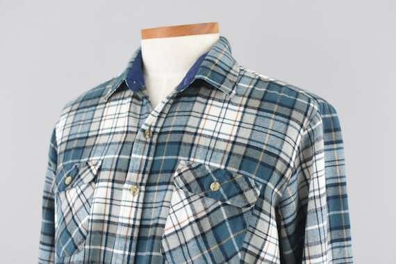 Vintage Plaid Flannel Blue Shirt, 80s Long Sleeve… - image 7