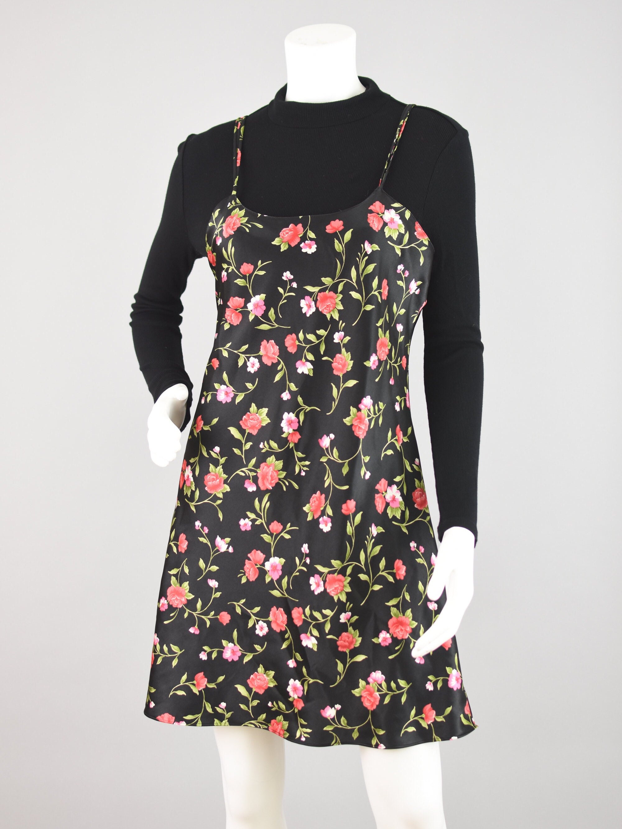 Vintage 90s Black Floral Slip Dress Women's Medium