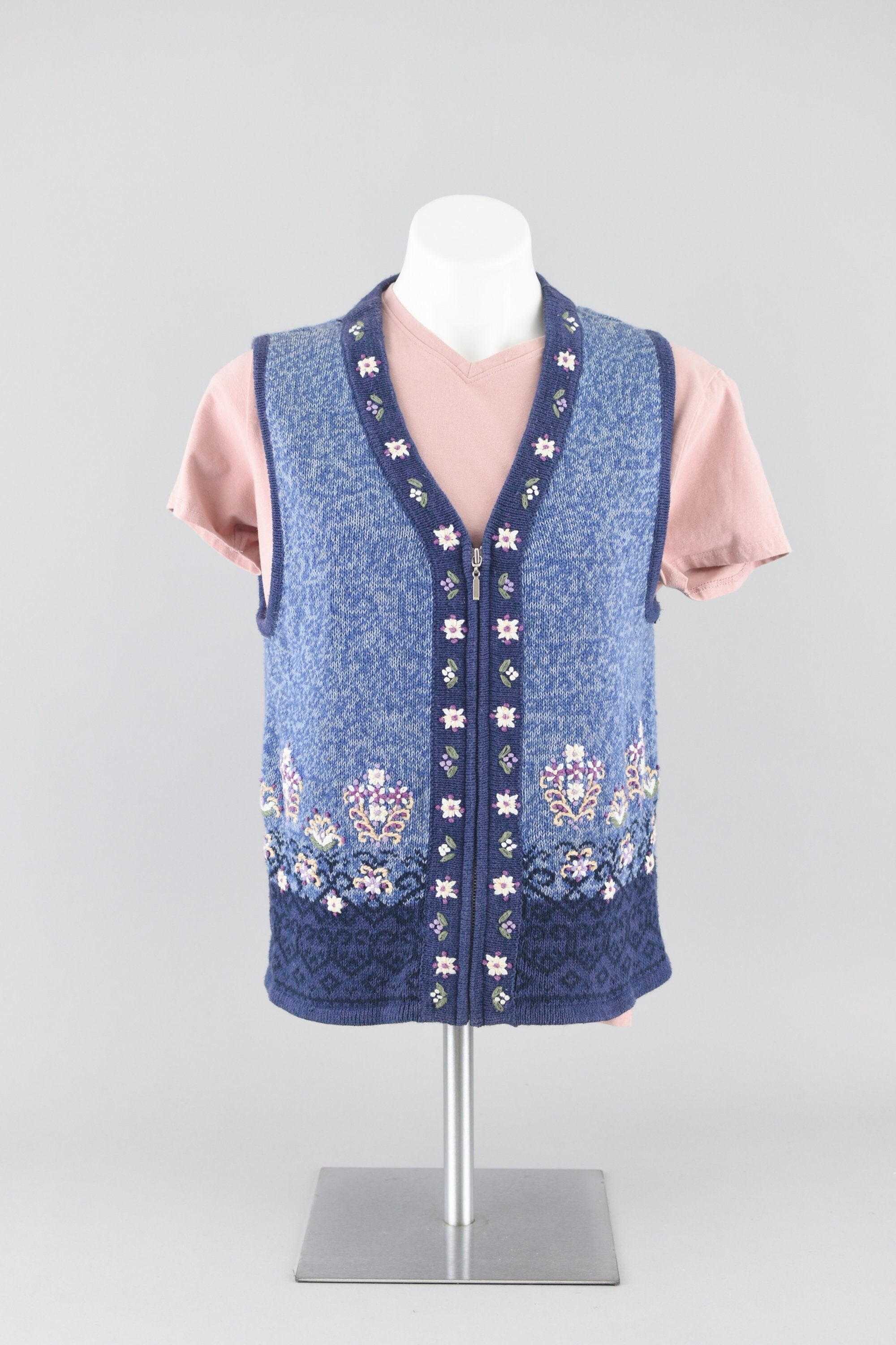 90s Blue Embroidered Floral Zip up Knit Sweater Vest Women's
