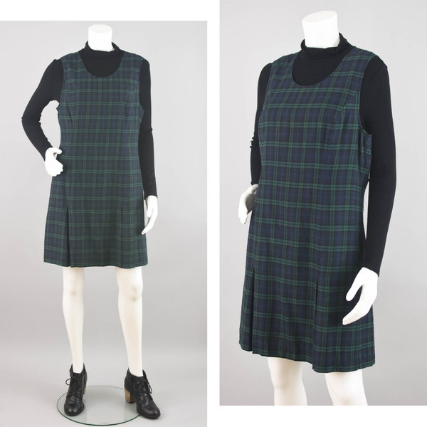Vintage Tartan Plaid Pinafore, 90s Blue and Green Dress, Karen Scott Women's Size 8