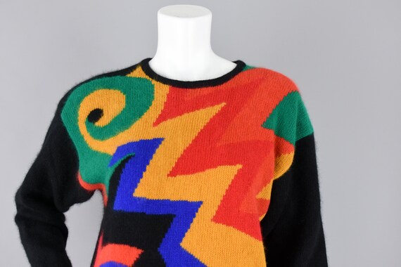 80s Angora Lambswool Sweater, Vintage Colorful Ge… - image 2