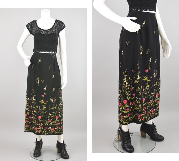 90s Black High Waist Maxi Skirt Floral Print Midi Liz Baker Women s Large 30 Waist Etsy Canada