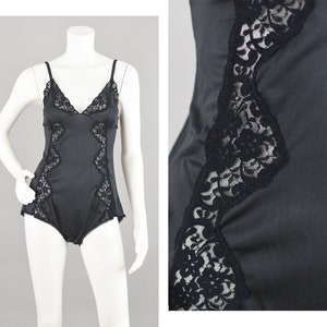 Vintage Black Satin Teddy Lingerie, Floral Lace One Piece Bodysuit Romper,  Women's Medium 