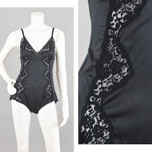Vintage Black Satin Teddy Lingerie, Floral Lace Bodysuit Romper, Women&#39;s Small