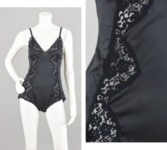 Vintage Black Satin Teddy Lingerie, Floral Lace One Piece Bodysuit Romper,  Women's Medium 