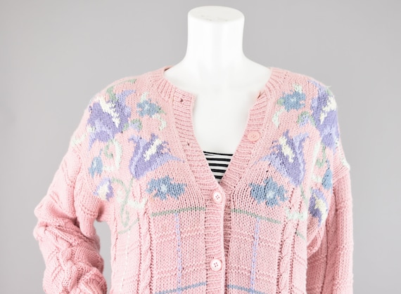 Vintage Pastel Pink Floral Cardigan, Hand Knit Ov… - image 2