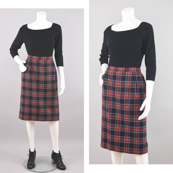 Vintage Pendleton Tartan Plaid Pencil Skirt, Black and Red Wool, Women's Petite Size 16, 32" Waist