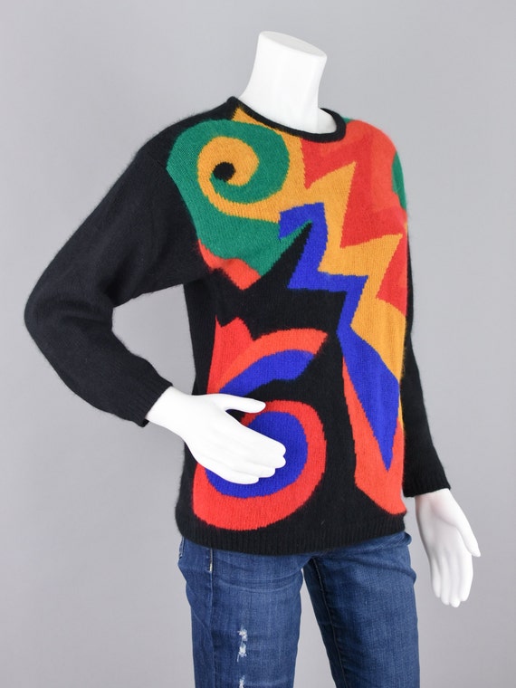 80s Angora Lambswool Sweater, Vintage Colorful Ge… - image 6