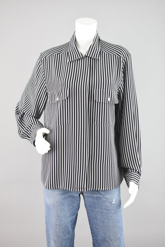 90s Notations Black & Gray Striped Long Sleeve Bl… - image 2
